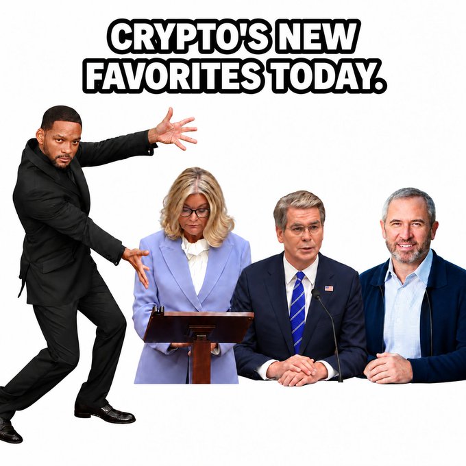A meme featuring Will Smith in a defensive pose alongside three public figures, with the caption 'CRYPTO'S NEW FAVORITES TODAY.'