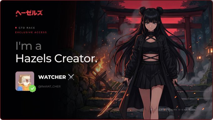 An anime-style promotional graphic featuring a dark-haired female character in a gothic outfit and holding a sword, with text reading 'I'm a Hazels Creator,' 'WATCHER,' and Japanese characters 'ヘーゼルズ'.