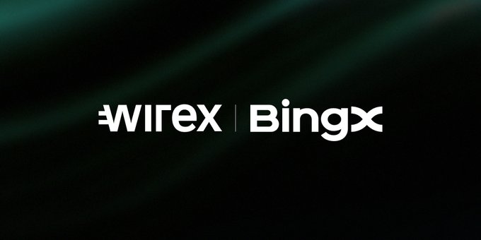 The image displays the logos of "wirex" and "BingX" side by side in white text on a dark background, visually representing the partnership announcement between the two companies for the launch of BingX's first Visa debit card powered by Wirex's BaaS platform.