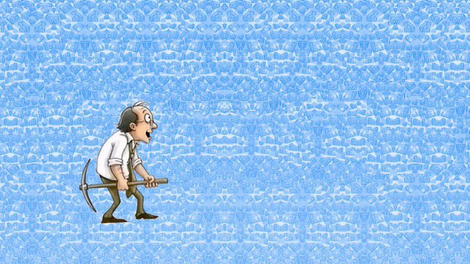 A cartoon illustration of a tired-looking man carrying a pickaxe, walking across a repeating icy blue patterned background.