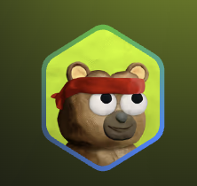 A 3D rendered character of a brown bear wearing a red headband, displayed within a yellow and blue hexagonal badge on a green gradient background.