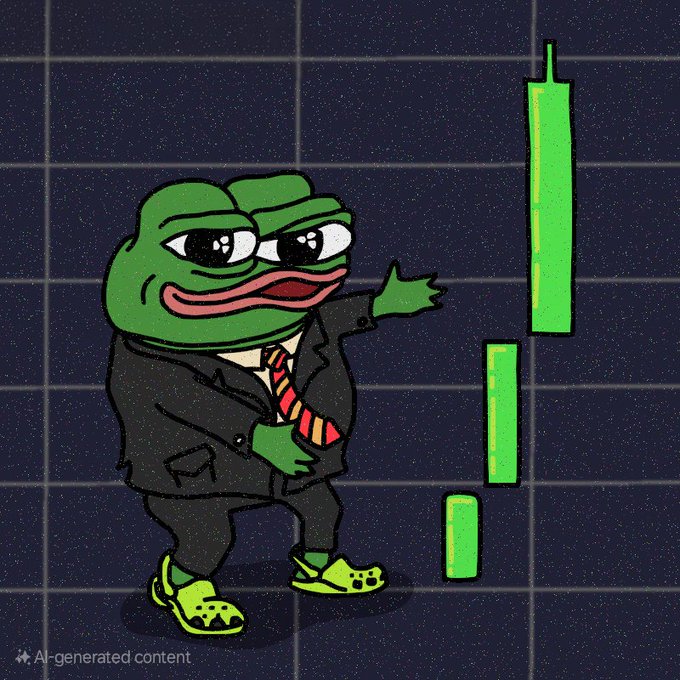 An AI-generated cartoon of Pepe the Frog in a black suit and striped tie gesturing toward a rising green bar chart on a dark grid background, with an "AI-generated content" watermark in the corner.