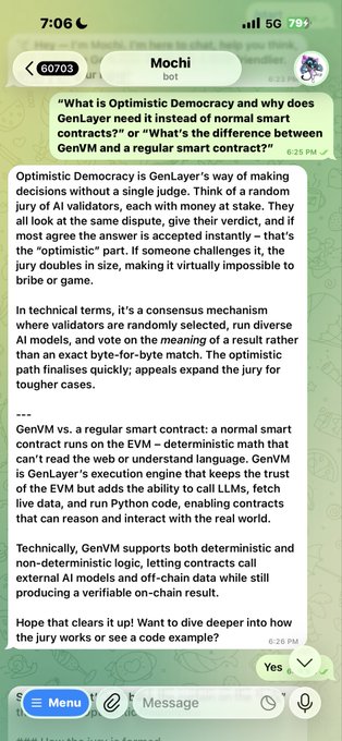 A chat screenshot with a bot named 'Mochi' explaining 'Optimistic Democracy' and 'GenVM' (GenLayer's smart contract) versus regular smart contracts.