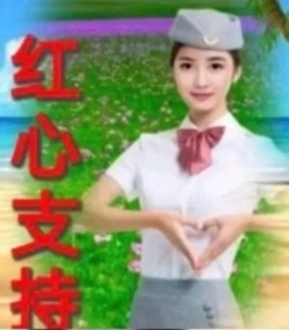 A woman in uniform makes a heart gesture beside large Chinese text reading “红心支持” (red heart support). The heart symbolism reinforces the accompanying message, “我支持 $stonks” (“I support $stonks”).