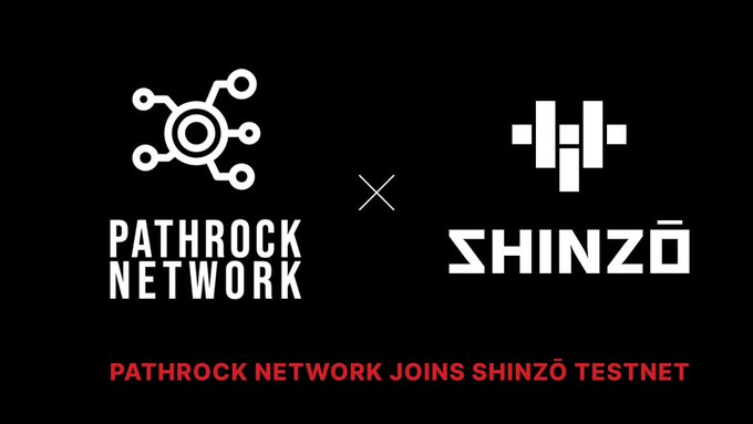 A black graphic showing the PathRock Network logo on the left and the Shinzō logo on the right, with red text below reading 'PATHROCK NETWORK JOINS SHINZŌ TESTNET'.