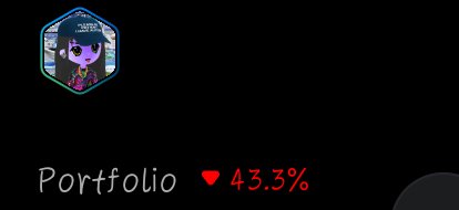 A dark interface showing a cartoon character NFT icon at the top with the text 'Portfolio' next to a red downward arrow and '43.3%' indicating a portfolio loss.