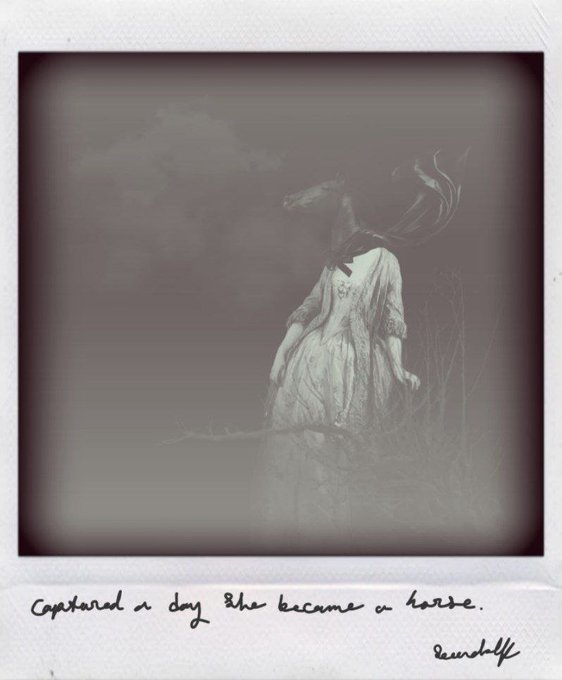 A surreal Polaroid-style artwork showing a figure in a flowing dress with smoke or mist emerging from where a head should be, with the handwritten caption 'Captured a day she became a horse' and signed 'eunicebff'.