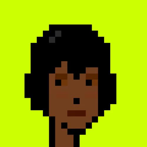 A pixel art portrait of a person with dark curly hair and brown skin set against a bright lime green background.
