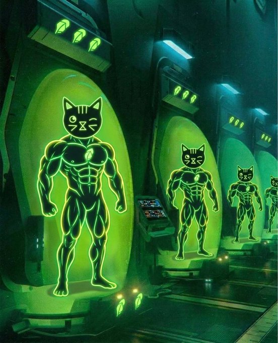 A sci-fi scene features muscular humanoid figures with cartoon cat heads displayed in glowing green pods or chambers within a dark, futuristic facility.