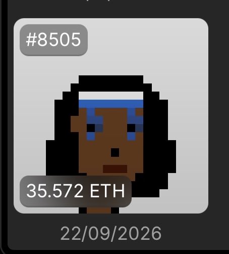 A pixel-art style NFT image showing a character with a blue headband, labeled '#8505' and priced at '35.572 ETH' with the date '22/09/2026'.