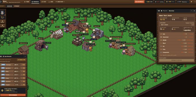 A screenshot of a colony simulation video game showing an isometric view of a base with various buildings, characters, and trees, with a property overview panel on the right side.