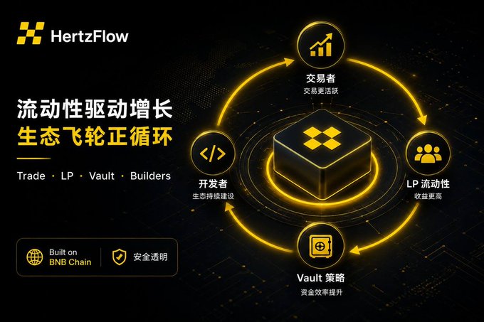 A promotional graphic for 'HertzFlow' describing a liquidity-driven ecosystem flywheel for Trade, LP, Vault, and Builders, built on BNB Chain.