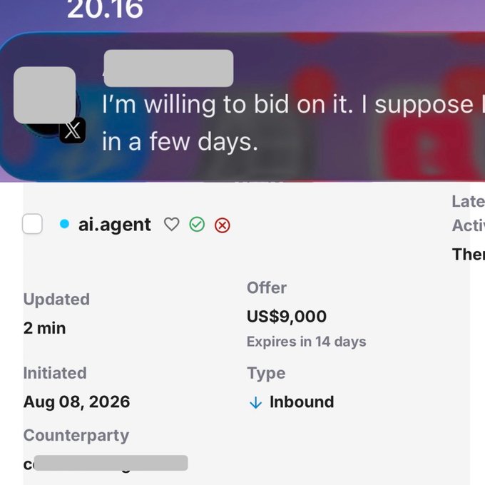 A screenshot showing a message 'I'm willing to bid on it. I suppose I [pay] in a few days' from ai.agent with an inbound offer of US$9,000 expiring in 14 days, initiated Aug 08, 2026.