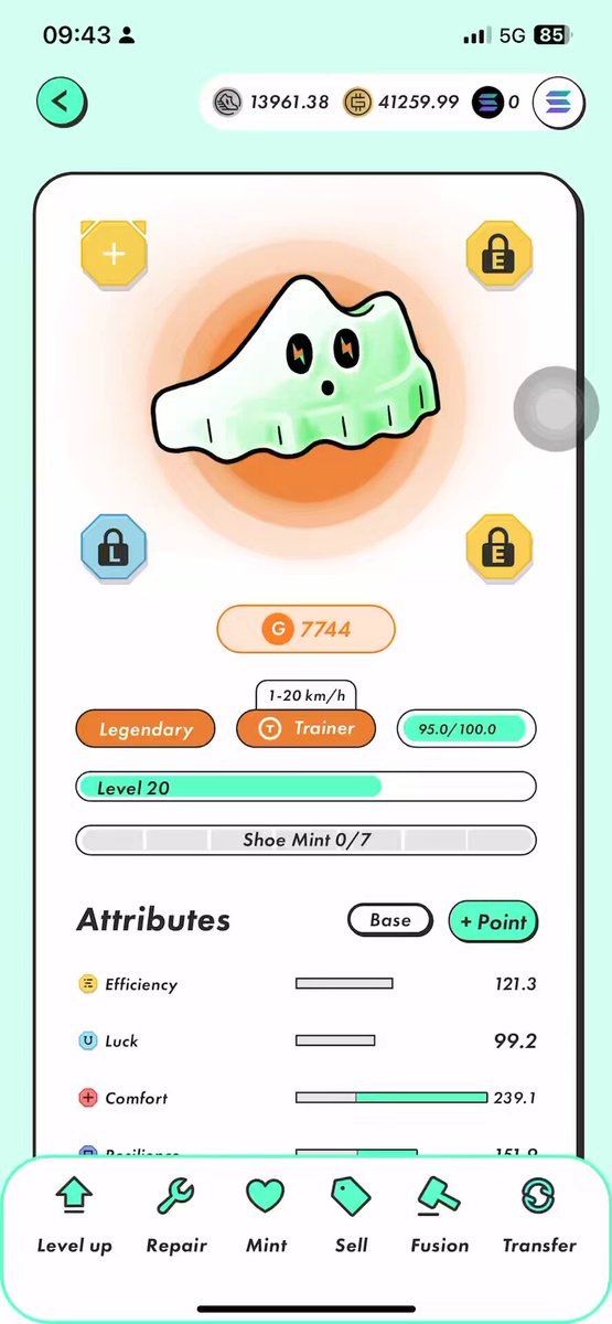 The image shows an iPhone screen with a cartoon green ghost character, which appears to be a game or app icon. The background color of the screen is white, providing contrast for the colorful icon. The text displayed on the screen reads "Stepn", "The result always leaves a little bit of regret! I hope everyone is happy every day!", and "Keep it up!". This message seems to be related to the game or app being played, possibly encouraging players to keep playing and improving their skills.
