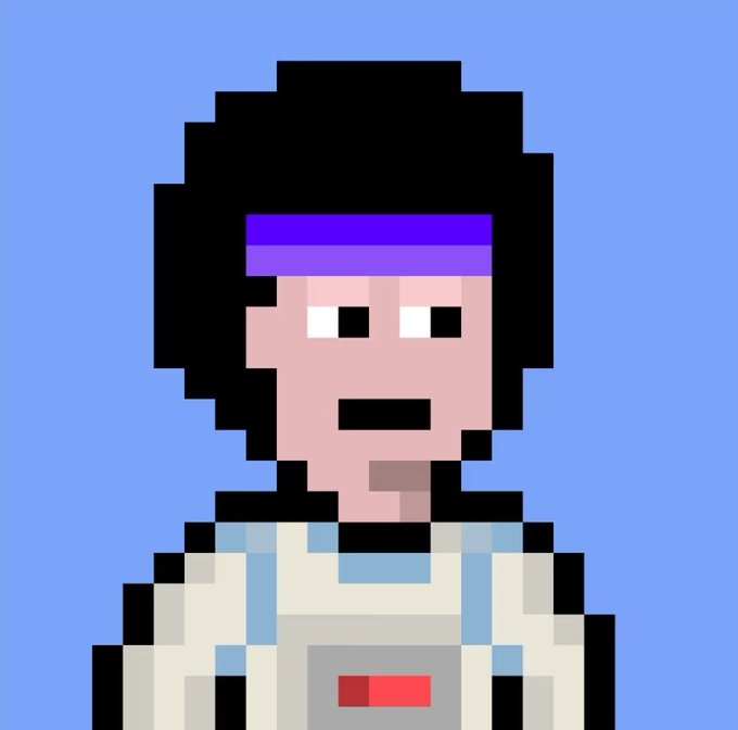 A pixel art portrait of a person with black hair, a purple headband, and a white spacesuit-like outfit against a blue background.