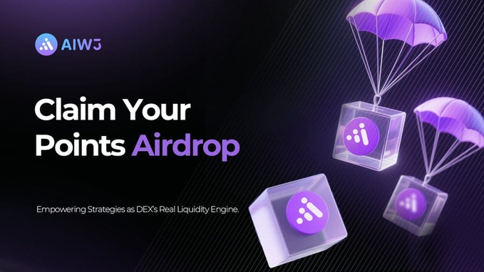 A promotional banner for AIW3's "Claim Your Points Airdrop," featuring purple parachutes delivering token boxes and the tagline "Empowering Strategies as DEXs Real Liquidity Engine." The eye-catching design reinforces the post's message of a zero-capital airdrop opportunity, with the parachutes symbolizing free tokens being delivered to users.