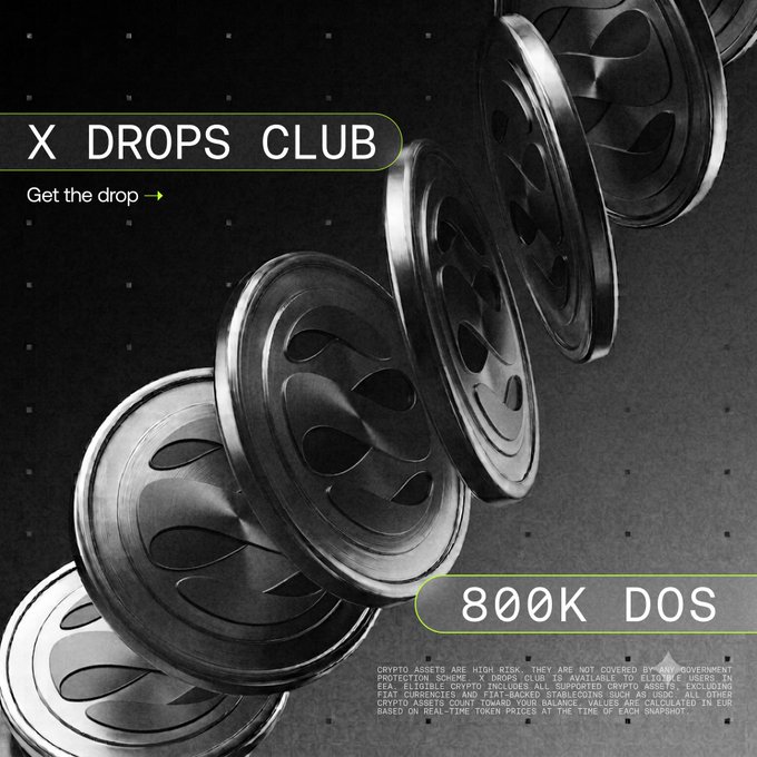 A stylized promotional graphic featuring multiple black metallic X Drops Club coins cascading diagonally across a dark background, with "800K DOS" prominently displayed and a call-to-action "Get the drop →" linking to the dappOS campaign offering rewards in $DOS for eligible OKX users in the EEA.