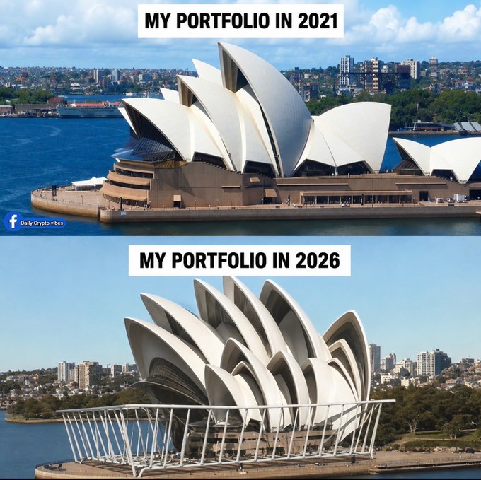 A 'Daily Crypto vibes' meme comparing 'MY PORTFOLIO IN 2021' to 'MY PORTFOLIO IN 2026' using the Sydney Opera House in both images, with the 2026 version appearing more elaborate and skeletal.