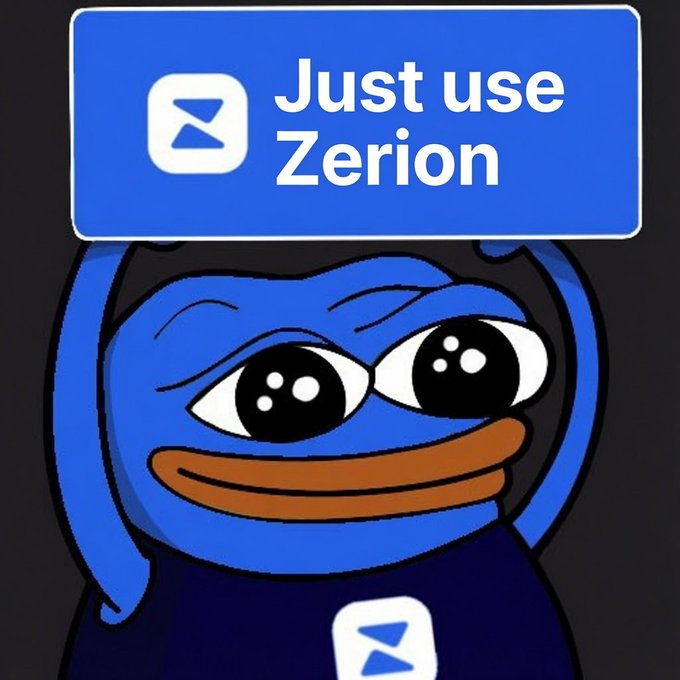 A blue Pepe-style cartoon character appears below a banner reading 'Just use Zerion' with the Zerion app icon.