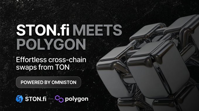 A promotional graphic announces 'STON.fi MEETS POLYGON' with the tagline 'Effortless cross-chain swaps from TON', powered by Omniston, displaying both company logos against a dark metallic background.