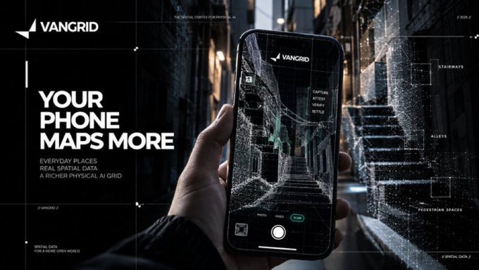 An advertisement for VanGrid showing a hand holding a smartphone with an augmented reality spatial data interface displaying 'CAPTURE', 'ATTEST', and 'SETTLE' options. The headline reads 'YOUR PHONE MAPS MORE' with the subtext 'EVERYDAY PLACES REVEAL SPATIAL DATA, A RICHER PHYSICAL AI GRID'.