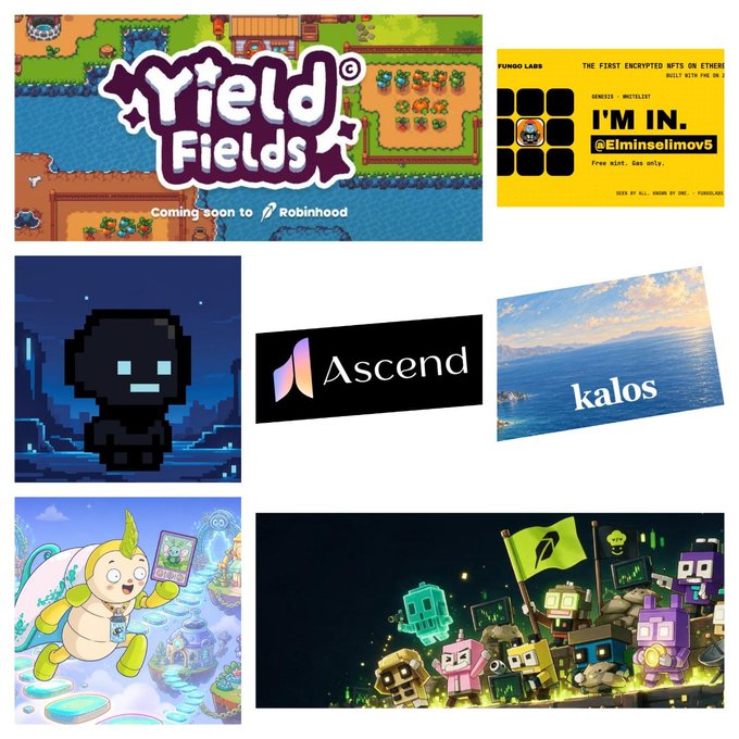 A collage of various crypto and NFT projects includes 'Yield Fields' (coming soon to Robinhood), Fundo Labs, a pixel character, 'Ascend', 'kalos', a cartoon turtle character, and a group of colorful robot characters.