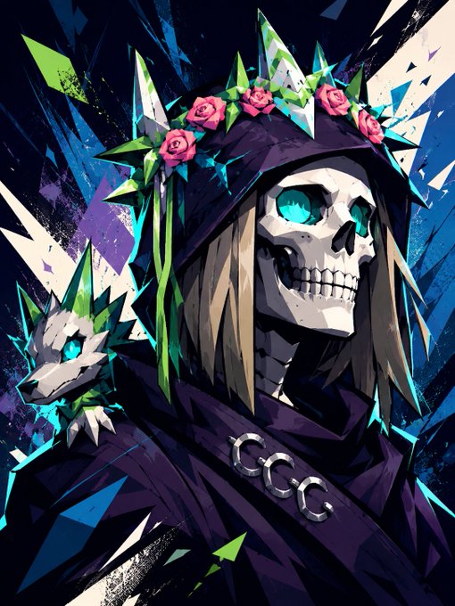 A stylized illustration of a skeletal grim reaper figure wearing a dark hood adorned with pink roses and green crystalline spikes, accompanied by a smaller crystalline wolf companion with glowing teal eyes against a vibrant blue and purple background.