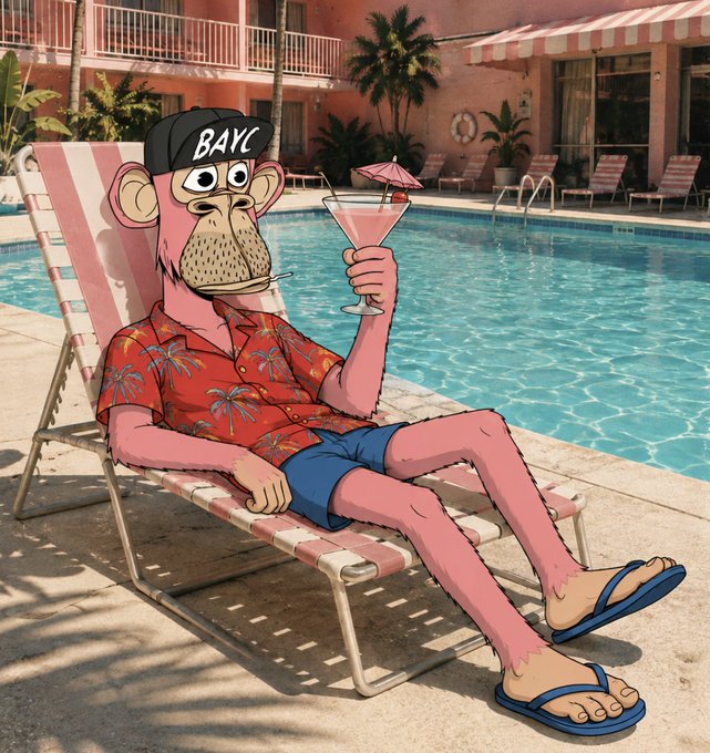 A pink Bored Ape character wearing a "BAYC" cap, red Hawaiian shirt, and blue shorts lounges poolside on a striped chair, sipping a cocktail with a tiny umbrella, as the post invites commenters to be added into the scene.