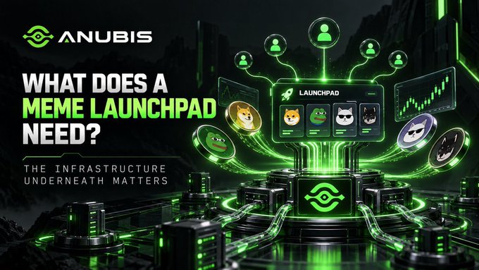 A promotional graphic for ANUBIS with the question 'WHAT DOES A MEME LAUNCHPAD NEED?', emphasizing their infrastructure with a green-themed digital display showing various meme coin icons.