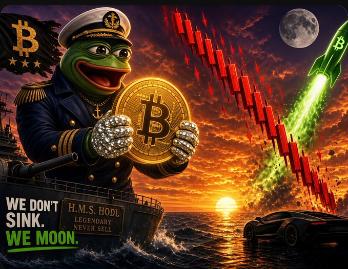 A Pepe the Frog meme dressed as a naval captain holding a Bitcoin coin on a ship at sunset, with text 'WE DON'T SINK. WE MOON.' and 'H.M.S. HODL LEGENDARY NEVER SELL', alongside a red falling crypto chart and a Bitcoin rocket.