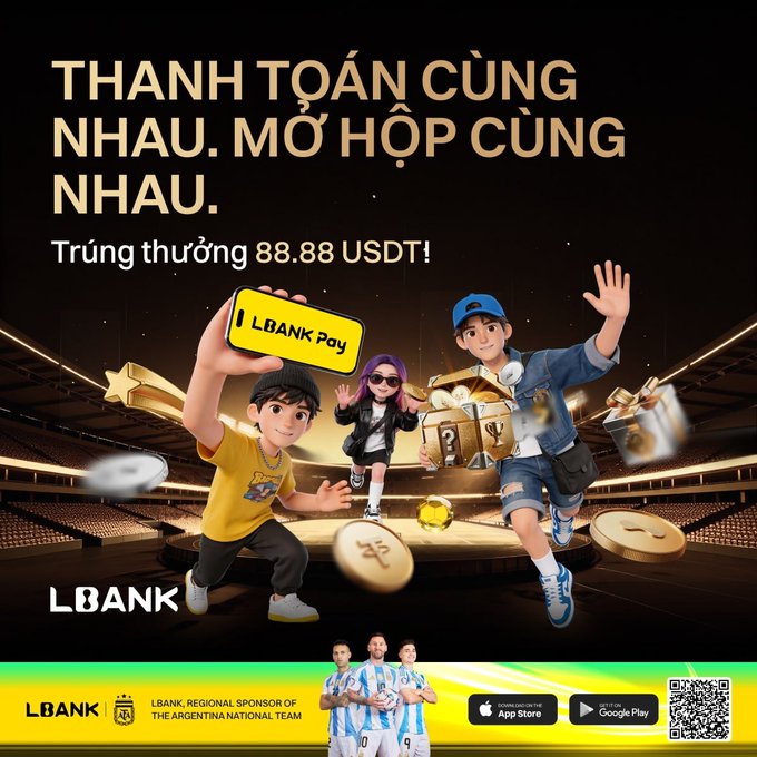 The image features a poster for an app called "LBanking" with three cartoon characters, including two boys and one girl, standing together against a black background. The poster also includes text that reads "WORLD CUP NÓNG LÊN - SĂN THưởng CÙNG LBANK PAY! LBank chính thức ra mắt sự kiện quét mã thanh toán, lập đội mở hộp mù với phần thưởng lên Cách trạng dụng LBank và mời bạn". The poster also includes a phone number and an email address for the app.