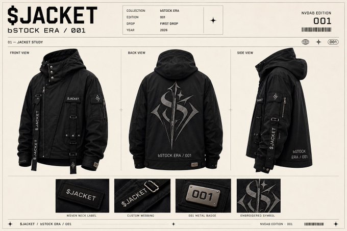 A product specification sheet titled "$JACKET bSTOCK ERA / 001" displays front, back, and side views of a black hooded jacket with detailed labels including "WOVEN NECK LABEL," "CUSTOM WEBBING," "001 METAL BADGE," and "EMBROIDERED SYMBOL."