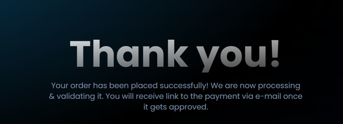 The image displays a "Thank you!" confirmation message stating that an order has been placed successfully and that a payment link will be sent via email upon approval. It appears to be a post-purchase confirmation screen, likely from the BTC Machine platform referenced in the accompanying post ("DEV PAID DEX rh.btcmachine.gg"), indicating that a user has completed a transaction and is awaiting payment processing.