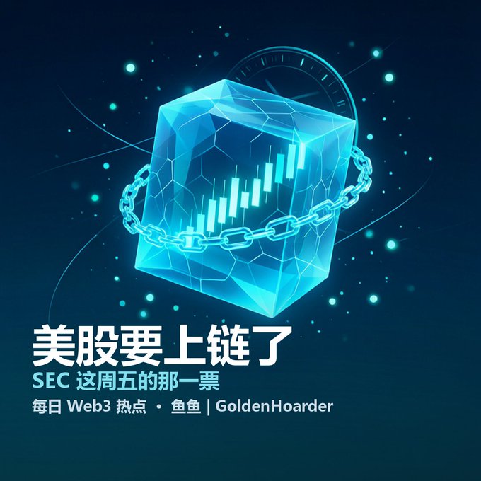 A Chinese promotional graphic featuring a glowing blue crystal cube with chains wrapped around it, displaying candlestick charts inside, with the text "美股要上链了 SEC 这周五的那一票 每日 Web3 热点 · 鱼鱼 | GoldenHoarder".