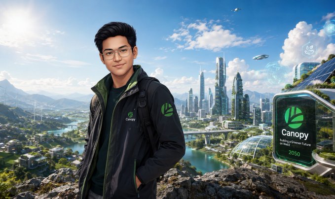 A digitally rendered young man wearing glasses and a dark jacket with green 'Canopy' branding, standing before a futuristic green cityscape with skyscrapers, solar panels, and floating drones, with a 'Canopy - Building a Greener Future, One Wall at a Time, 2050' display.