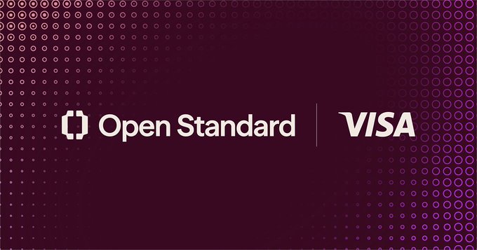 The image features a dark maroon background with a circular pattern, displaying the "Open Standard" logo alongside the "VISA" logo, separated by a vertical line. It visually represents the partnership between Visa and Open Standard to support Open USD as open infrastructure for digital money, aligning with the post's message about scaling stablecoin payments with trust and interoperability.