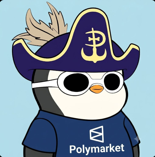 A cartoon penguin mascot wearing sunglasses and a pirate hat with the Polymarket logo.