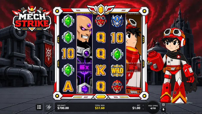 The image showcases a screenshot of the "Mech Strike" online slot game, featuring a character resembling a mech-suited hero on the right and various symbols like green gems, robots, playing card letters (Q, K, A, J, 10), and a "WILD" symbol on the reels against a dark, industrial backdrop. Visible text displays a balance of $700.00, a total win of $37.60, and a bet of $1.00, aligning with the post's mention of spinning Mech Strike in preparation for its release and inviting followers to share their Stake IDs.