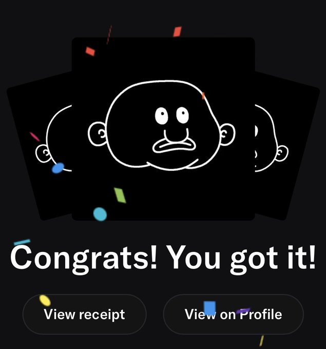 A dark screen displaying 'Congrats! You got it!' with cartoon monkey illustrations and confetti, along with buttons for 'View receipt' and 'View on Profile'.