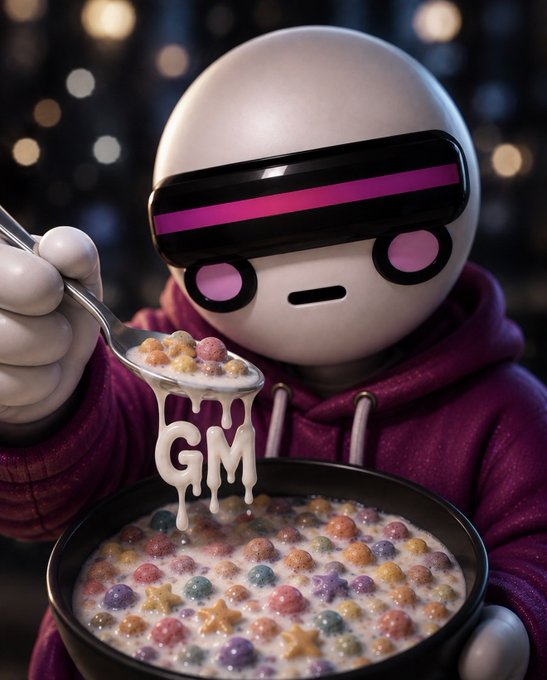 A 3D-rendered robot character with pink glowing visor eyes wearing a purple hoodie holds a spoonful of colorful star-shaped cereal with milk dripping down, spelling 'GM' in front of a bowl of cereal.