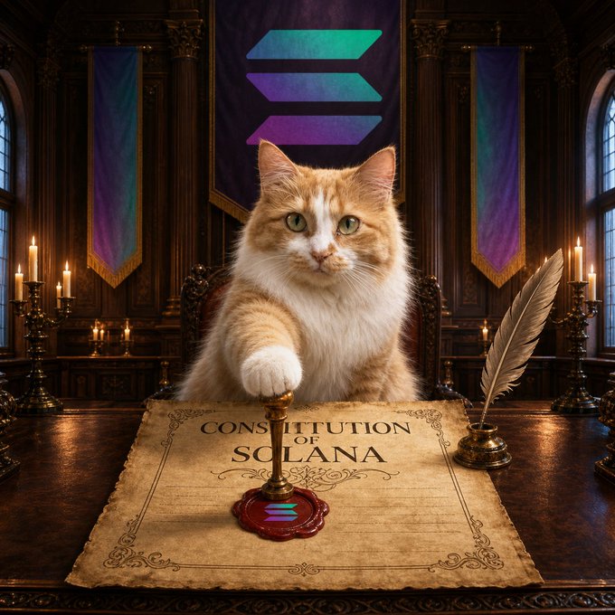 An AI-generated image showing an orange and white cat sitting at a wooden desk, pressing its paw onto a wax seal over a document titled 'CONSTITUTION OF SOLANA', with the Solana logo displayed on banners behind it.