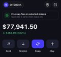A Robinhood app screenshot displays a Cashback account balance of $77,941.50, representing a gain of $45,465 (142%), shown alongside navigation buttons for Send, Receive, and Activity. The image serves as a promotional example of trading success, aligning with the post's call for followers to share their own Robinhood portfolios for a chance to win.