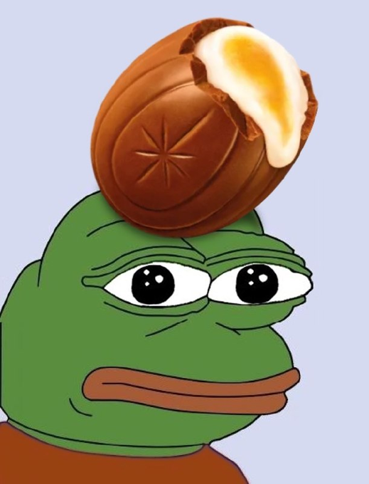 Pepe the Frog meme illustration with a chocolate egg partially filled with cream balanced on his head.