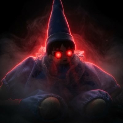 A dark, eerie digital artwork features a doll-like character with glowing red eyes wearing a tall pointed hat, shrouded in red mist.