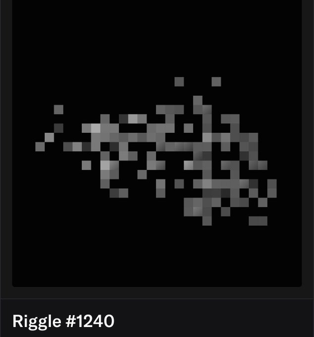 A pixelated grayscale artwork labeled 'Riggle #1240' displayed against a black background, depicting an abstract scattered arrangement of small square tiles.