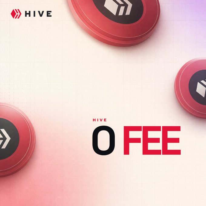 A promotional graphic with the 'HIVE' logo at the top left, featuring red circular token designs and bold text reading 'HIVE 0 FEE' against a pink and white gradient background.