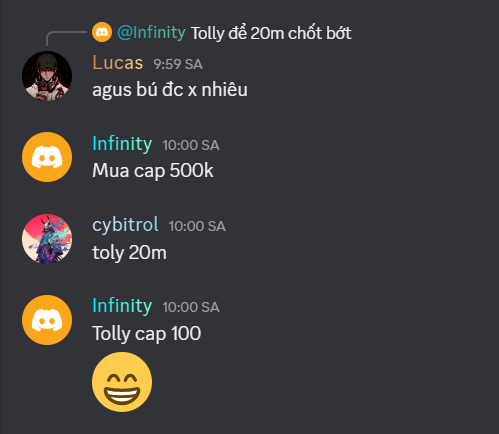 A Discord chat screenshot shows users Lucas, Infinity, and cybitrol coordinating a pump scheme, with messages like "Tolły đê 20m chốt bớt" (Push Tolly to 20m then take profit), "agus bú dc x nhiêu" (how much did Argus eat), "Mua cap 500k" (Buy at 500k cap), "tolły 20m", and "Tolly cap 100" followed by a grinning emoji—directly illustrating the coordinated buying at low market caps that the post describes as the setup for dumping $ARGUS and $TOLLY to their 25M ATHs.