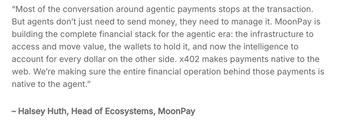 The image features a quote from Halsey Huth, Head of Ecosystems at MoonPay, highlighting MoonPay's partnership with the x402 Foundation to build a full financial stack for agentic payments—covering infrastructure, wallets, and intelligence for AI-driven transactions. This relates to the post by announcing Huth's new role on the X402 Foundation board, reinforcing her commitment to advancing the protocol within MoonPay's agentic ecosystem.