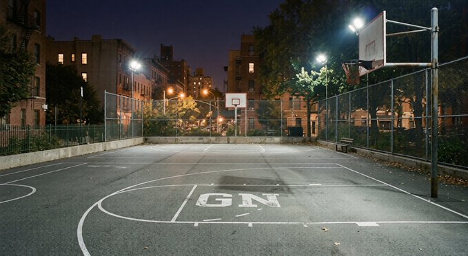 An illuminated outdoor basketball court at night in an urban setting, with 'GN' painted on the court and apartment buildings visible in the background.