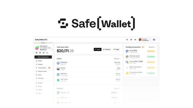 A screenshot of the 'Safe{Wallet}' dashboard interface showing a total asset value of $20,171.28, a list of assets including Ethereum and USDC, and pending transactions like sending ETH and adding a new owner.